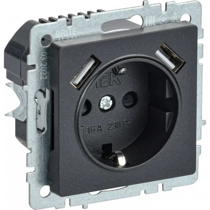 Розетка IEK BRITE РЮш10-2-БрЧ 16А с USB A+A 3.1А BR-R14-16-U21-D31-K02 Розетка IEK BRITE РЮш10-2-БрЧ 16А с USB A+A 3.1А BR-R14-16-U21-D31-K02