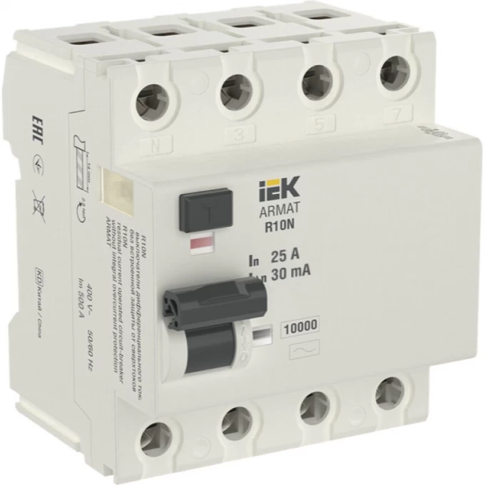 Выключатель дифференциального тока IEK ARMAT R10N 4P 25А 30мА тип AC - AR-R10N-4-025C030 Выключатель дифференциального тока IEK ARMAT R10N 4P 25А 30мА тип AC - AR-R10N-4-025C030